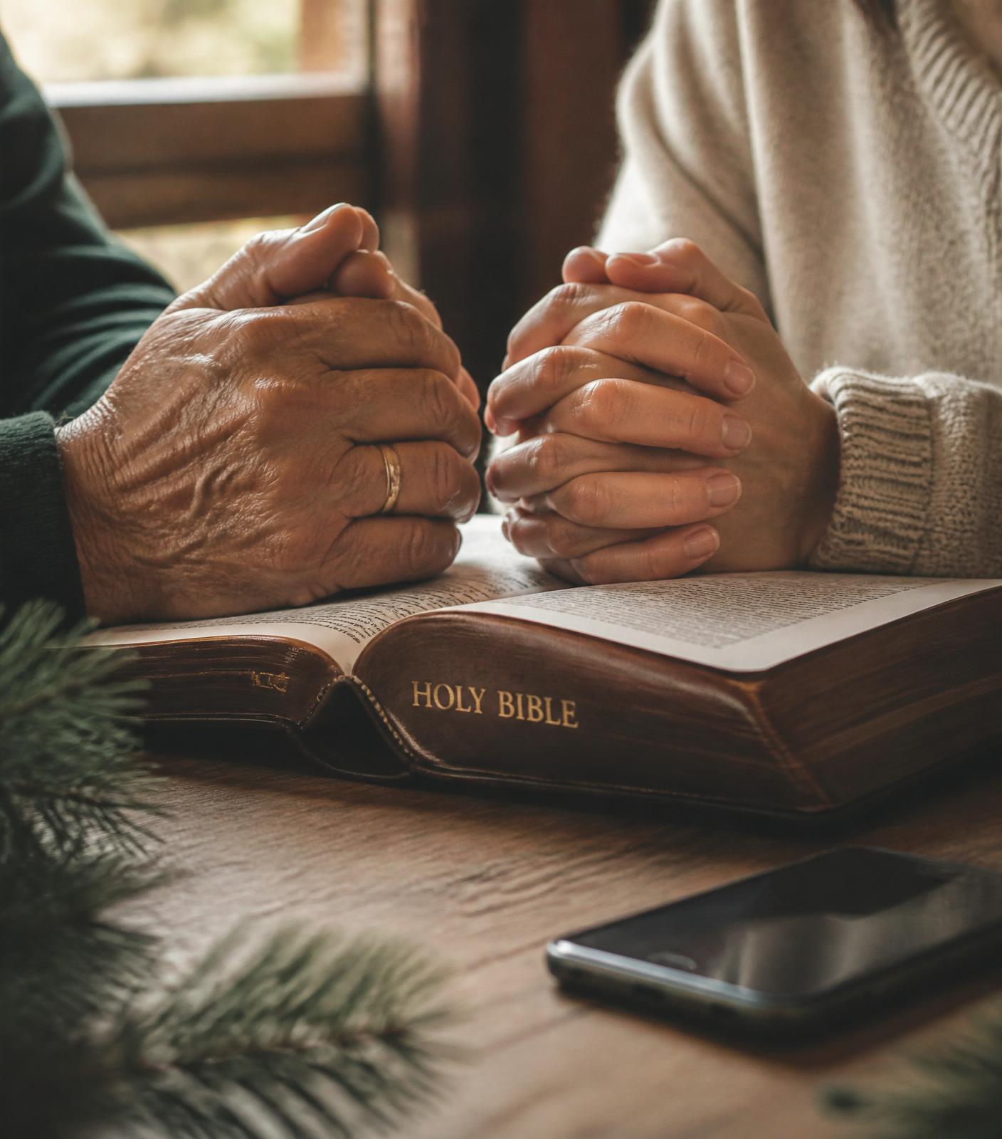 Two generations praying together over an open Bible with a smartphone nearby
