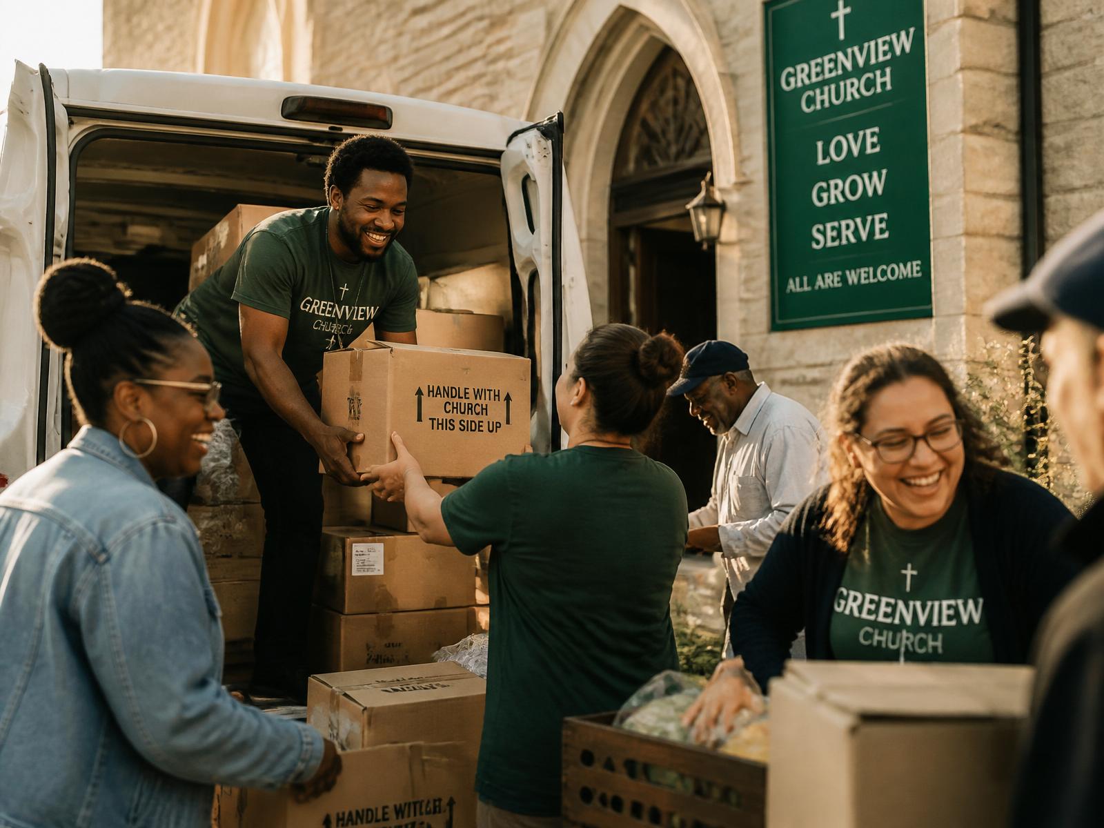 Church volunteers unloading boxes for a community outreach